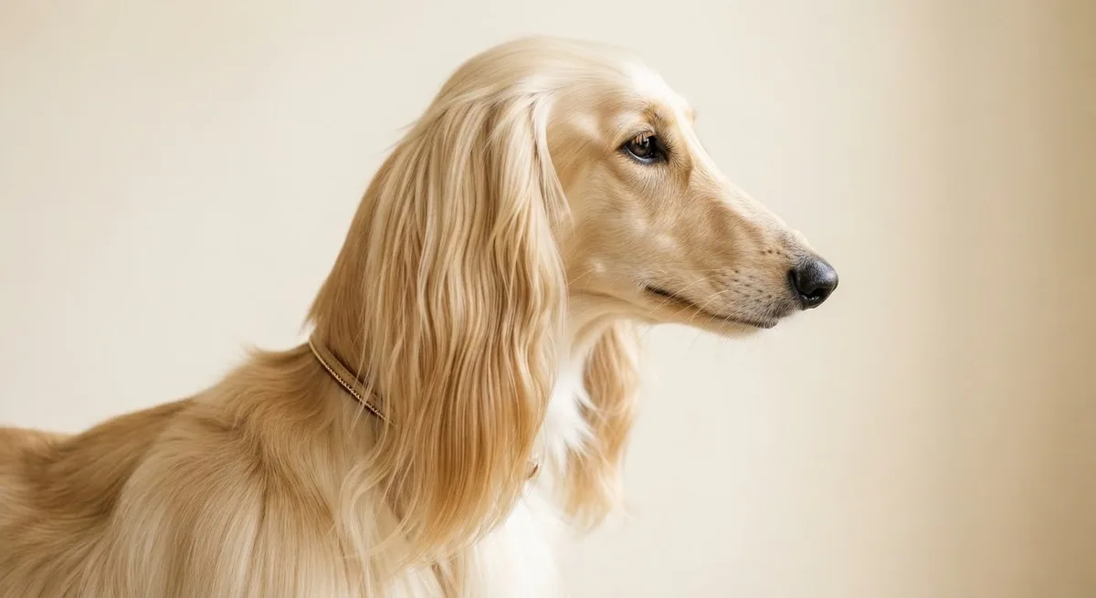 Editorial portrait of a beautifully groomed Afghan Hound with silken fur and soft natural light